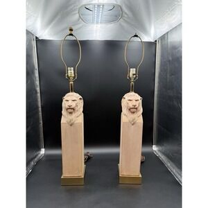 Noble Pair of Lion Head Lamps in Terracotta and Brass, circa 1970